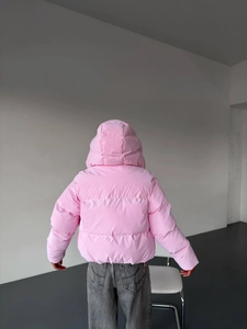 Pink hooded puffer jacket for women with warm padded design and quilted back view