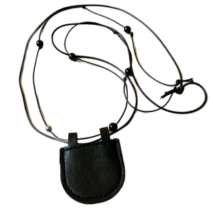 Minimalist black leather bag pendant necklace with silver and black beaded cord