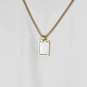Three-layer beveled square necklace for men with golden chain and silver cross pendant