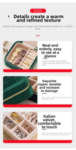 Detail of green velvet jewelry box featuring multi-slot dividers and zipper closure
