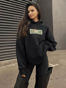 Women Oversized Hoodie Cotton Blend Dollar Bill Done Print Pullover Long Sleeve Streetwear Casual Loose Sweatshirt