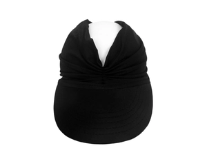 Detailed close-up of breathable black open-top sun hat for kids with elastic knit texture