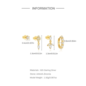 Detailed S925 sterling silver earring set specifications with AAAAA zirconia dimensions