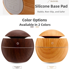Detail of 130ml wood grain humidifier showing silicone non-slip base and touch controls