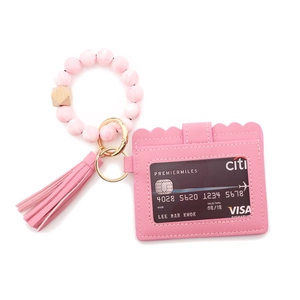 Pink silicone bead bracelet keychain with PU tassel and wave-edge card holder wallet
