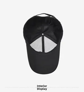 Interior view of black baseball cap showing breathable fabric and inner lining structure