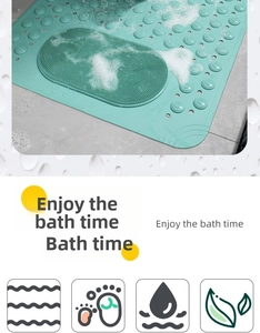 Close-up of non-slip bathroom mat with massage texture and drainage holes in mint green