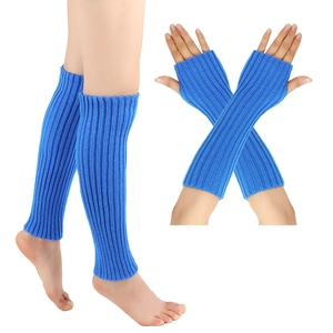 Close-up of bright blue neon knitted leg warmers and fingerless gloves set with ribbed texture