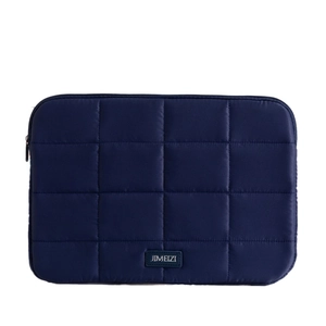 Quilted dark blue 14-inch laptop sleeve bag with square pattern and zipper closure