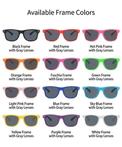 Grid display of vintage fashion sunglasses in twelve assorted candy colors with grey lenses