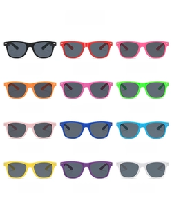 Grid display of vintage fashion sunglasses in twelve assorted candy colors with grey lenses