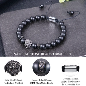 Men's retro lion head beaded bracelet with 8mm matte black natural stone and zircons