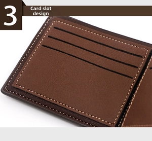 Close-up of brown matte leather wallet showing three card slots with fine stitching