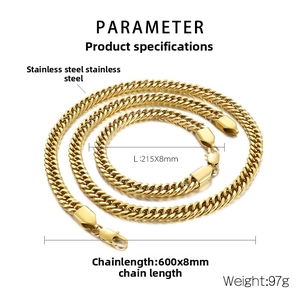 Detailed view of 8mm gold Cuban link necklace and bracelet set with size specifications