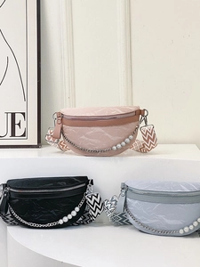 Three pleated crescent moon chest bags with pearl chains and patterned wide straps