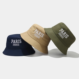Trio of cotton fisherman hats with PARIS embroidery in navy, khaki, and olive green
