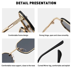 Macro detail of black and gold metal sunglasses frame showing hinges and nose pads