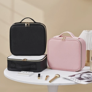 Portable large capacity makeup bag with LED mirror and leather handle in multiple colors