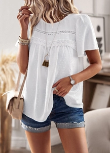 Detail of white short sleeve top with lace trim and polka dot texture fabric