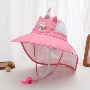 Detail of pink unicorn sun hat featuring breathable white mesh sides and a whistle toggle