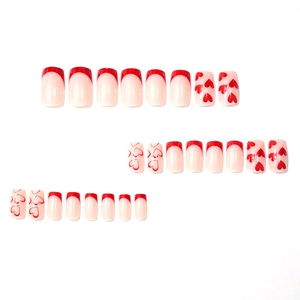 24pcs French red heart press-on nails with almond shape and glossy pink base