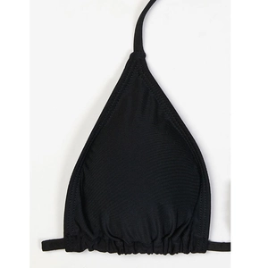Detailed close-up of black ribbed bikini top featuring halter neck straps and triangle cups