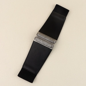 Vintage black elastic corset belt for women with decorative silver floral metal buckle