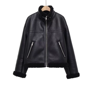 Veste Femme Similicuir Peau Lainée Col Revers Fermeture Éclair Motard Streetwear Noir