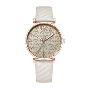 Elegant rose gold women's watch with patterned gold dial and textured white leather strap