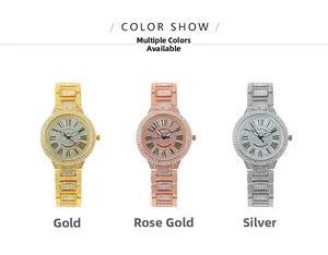 Close-up of diamond-encrusted quartz watches in gold, rose gold and silver colors