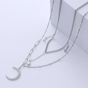 Silver multilayer crescent moon and star necklace with pearls and zircon accents