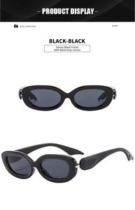 Front and 45-degree angle view of vintage oval sunglasses with glossy black frames