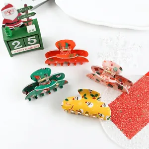 Christmas hair claw clips set with Santa and snowman prints on colorful acetate hairpins