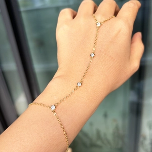 Minimalist 18k gold plated finger bracelet with inlaid round diamonds for women
