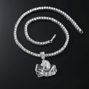 Hip-hop silver money bag pendant necklace with sparkling rhinestones and tennis chain