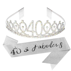 Silver 40th birthday set with rhinestone crown and 40 & Fabulous glitter sash