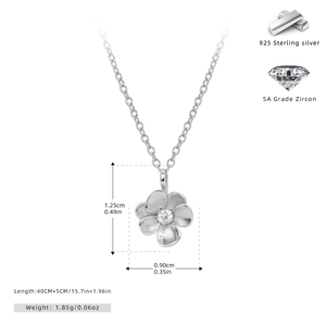 Detail of S925 sterling silver flower pendant necklace with 5A grade zircon stone