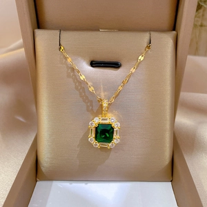 Titanium steel necklace with emerald green square stone and zircon halo in a gold gift box