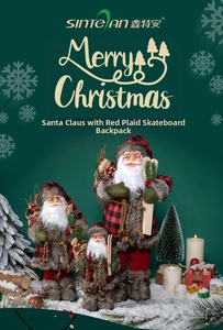 Three Santa Claus dolls in red plaid outfits with mini skis and rustic backpacks