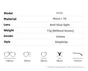 Detailed size specifications and technical parameters for model 9408 metal frame glasses