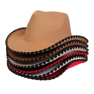 Stack of wool felt fedora hats in multiple colors featuring black stitched edge details