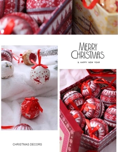 Close-up of red and white Christmas baubles with elk patterns and festive red ribbons