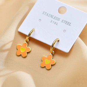 Golden stainless steel hoop earrings with orange enamel flower and yellow heart charms