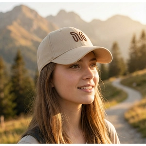 Close-up view of a stylish beige embroidered baseball cap for outdoor leisure activities