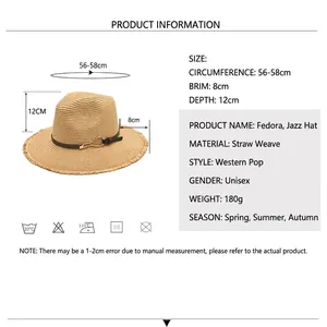 Unisex summer straw fedora sun hat with dark brown band and gold buckle detail