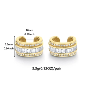 Detailed dimensions of gold-plated cubic zirconia ear cuff earrings set in white background