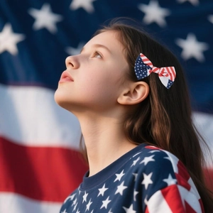 Close-up of a young girl wearing a USA flag pattern bow hair clip for Independence Day