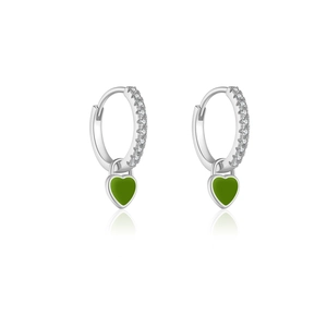 Boucles d'oreilles cœur en argent S925 avec émail vert et zircons blancs brillants