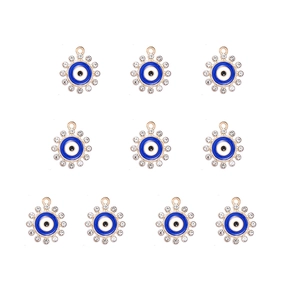 Detailed set of blue enamel evil eye charms with sparkling crystal rim in gold finish