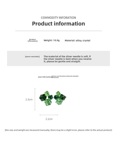 Detail view of green square crystal cluster earrings with size dimensions 2.3cm x 2.1cm